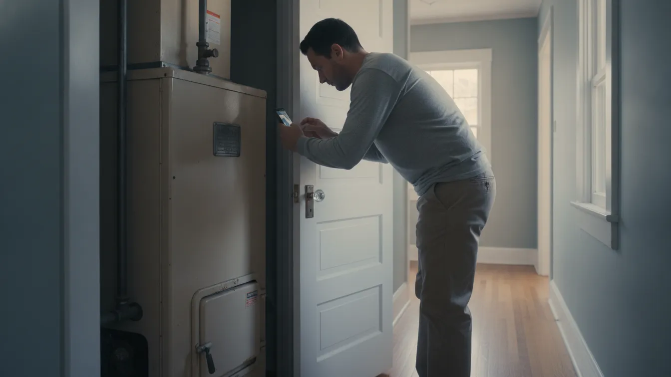A technician photographing the rating plate on a gas furnace in a closet